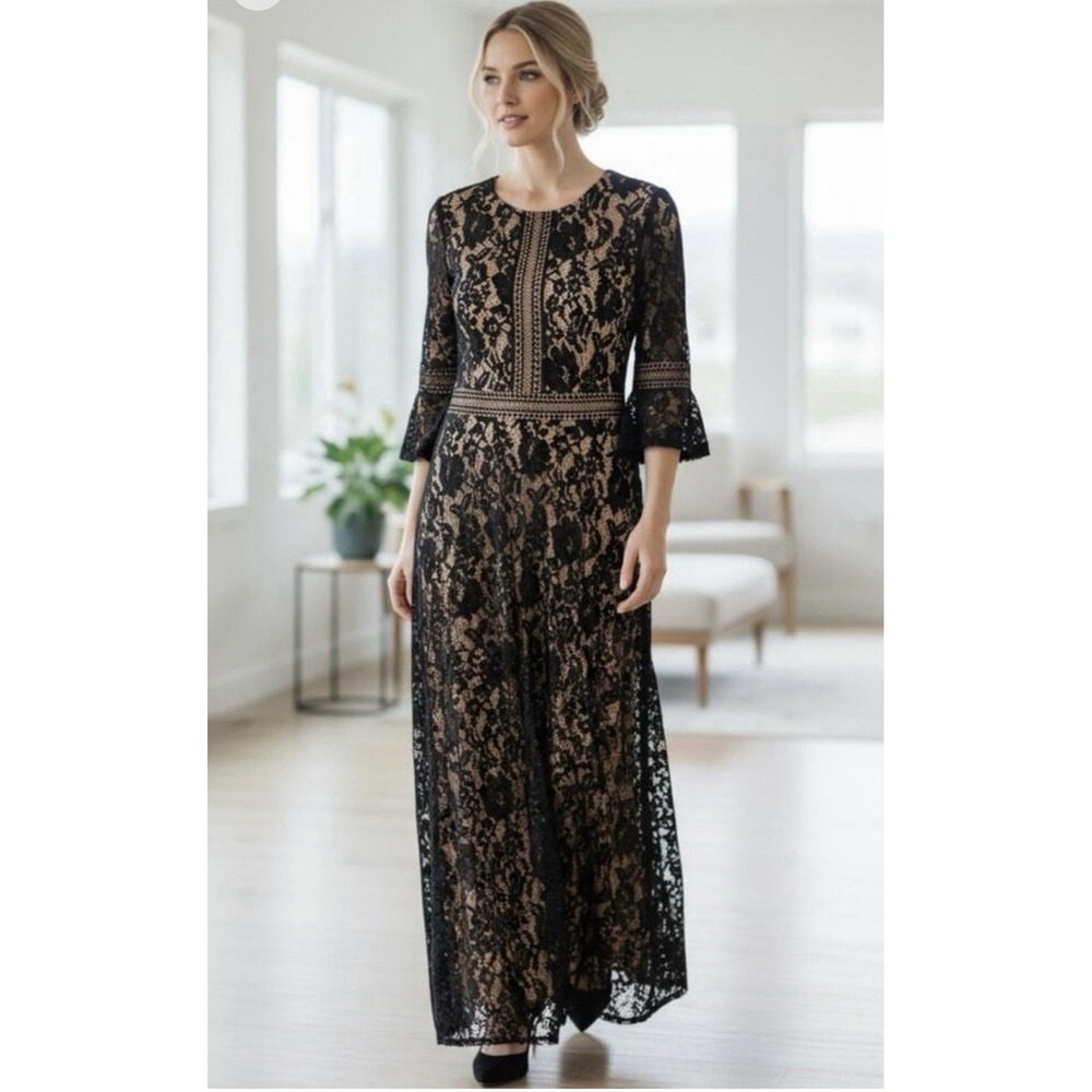 Miss May Lace Maxi Dress L Black Nude Bell Sleeve Romantic Floral Wedding NWT